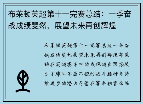 布莱顿英超第十一完赛总结：一季奋战成绩斐然，展望未来再创辉煌